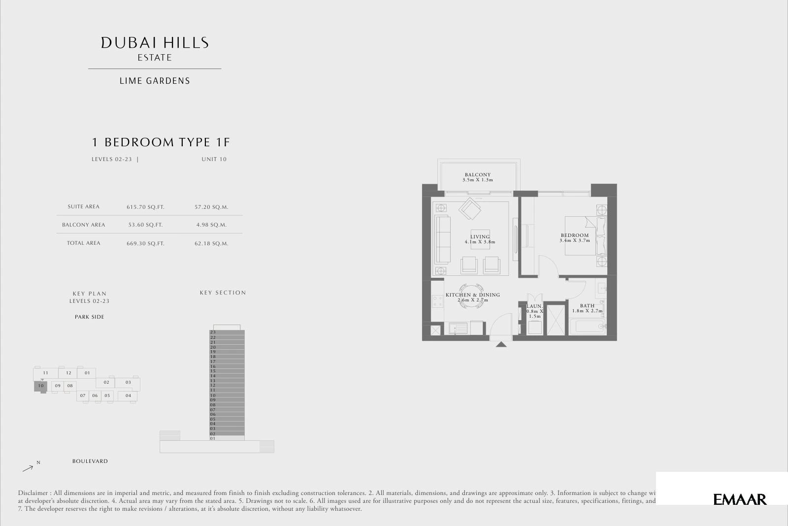 Lime Gardens 1-bedroom Type 1F apartment floor plan for levels 02-23 - unit 10, 669.30 sq ft.