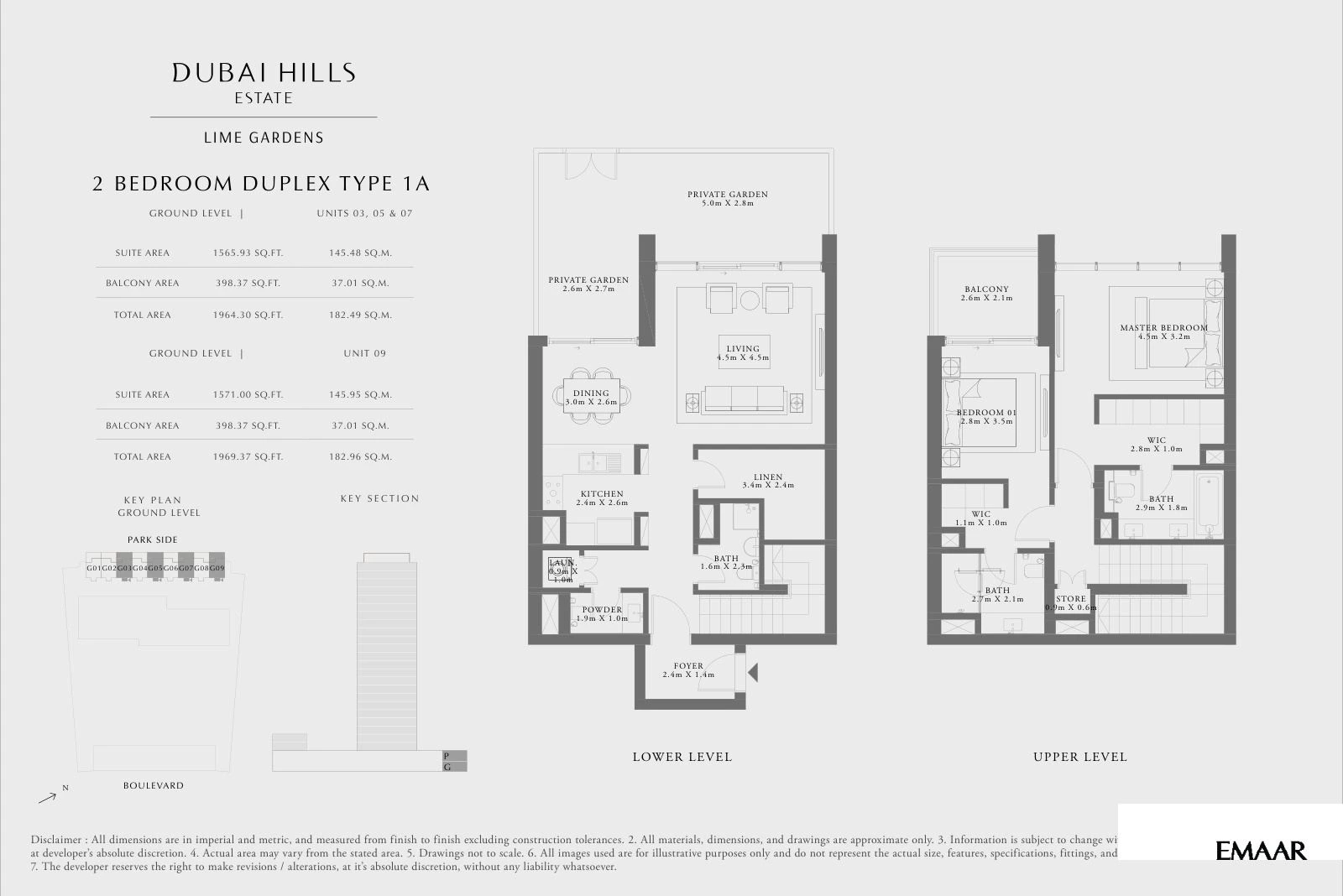 Lime Gardens 2-bedroom Type 1A duplex townhouse floor plan for ground level - units 03, 05, 07 and 09, 1,964.30 to 1,969.37 sq ft.