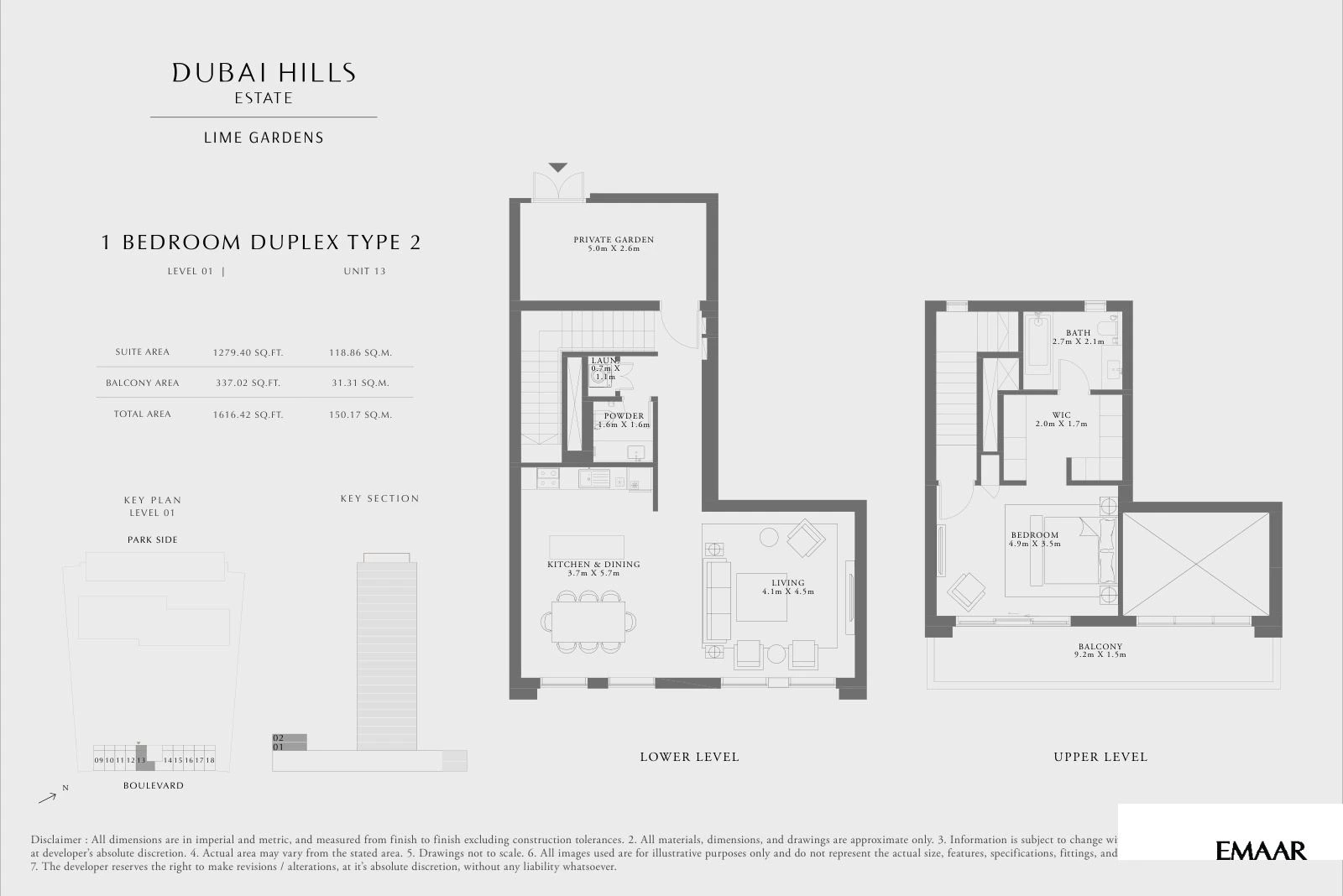 Lime Gardens 1-bedroom Type 2 duplex townhouse floor plan for level 01 - unit 13, 1,616.42 sq ft.