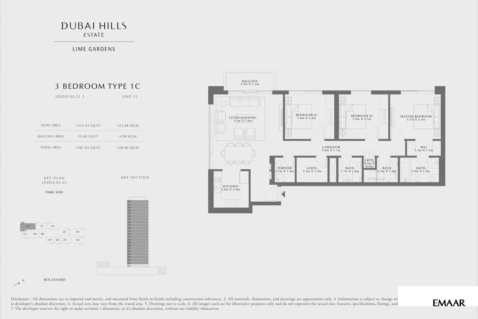 Lime Gardens 3-bedroom Type 1C apartment floor plan for levels 02-23 - unit 11, 1,387.03 sq ft.