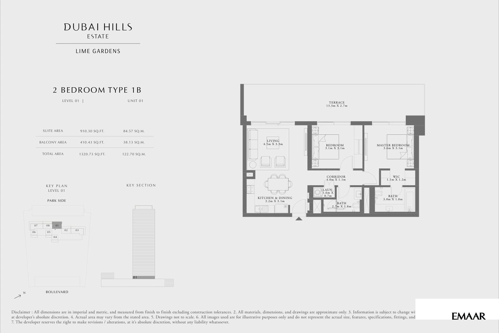 Lime Gardens 2-bedroom Type 1B apartment floor plan for level 01 - unit 01, 1,320.73 sq ft.