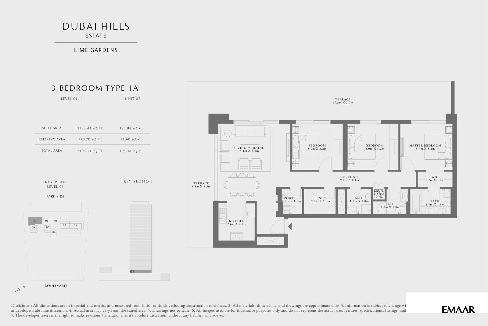 Lime Gardens 3-bedroom Type 1A apartment floor plan for level 01 - unit 07, 2,104.13 sq ft.