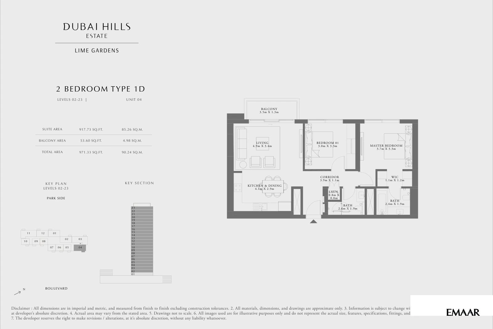 Lime Gardens 2-bedroom Type 1D apartment floor plan for levels 02-23 - unit 04, 971.33 sq ft.