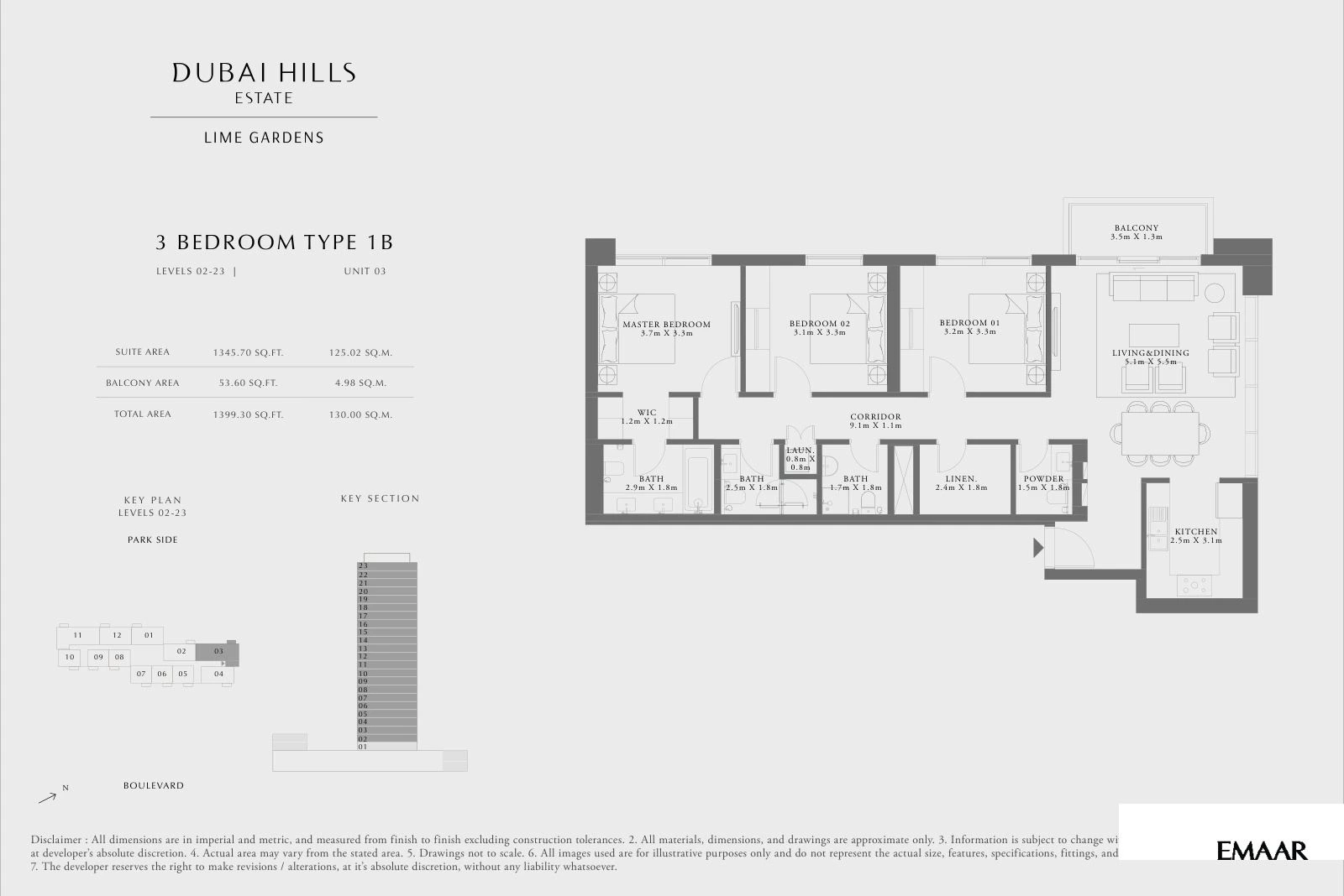 Lime Gardens 3-bedroom Type 1B apartment floor plan for levels 02-23 - unit 03, 1,399.30 sq ft.
