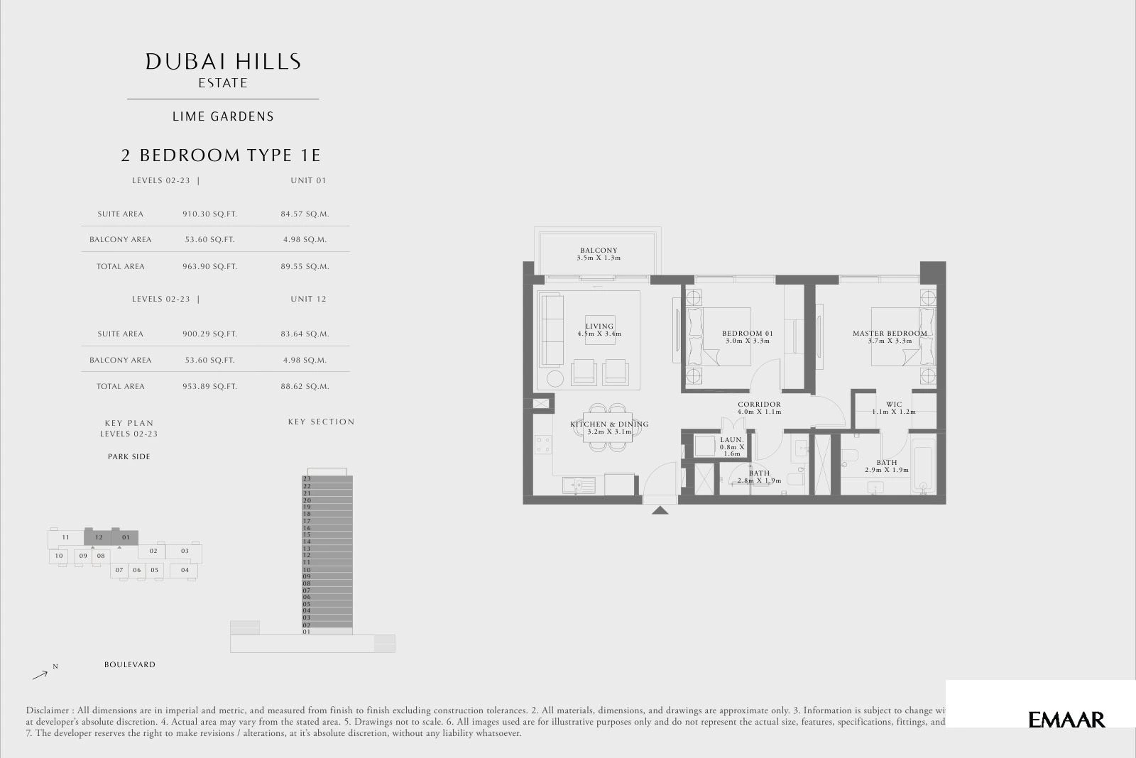 Lime Gardens 2-bedroom Type 1E apartment floor plan for levels 02-23 - units 01 and 12, 953.89 to 963.90 sq ft.