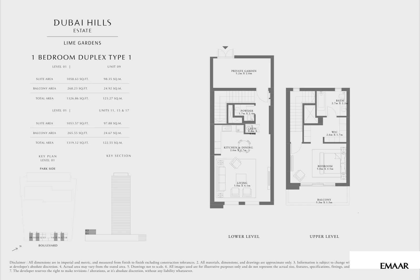 Lime Gardens 1-bedroom Type 1 duplex townhouse floor plan for level 01 - units 09, 11, 15 and 17, 1,319.12 to 1,326.86 sq ft.