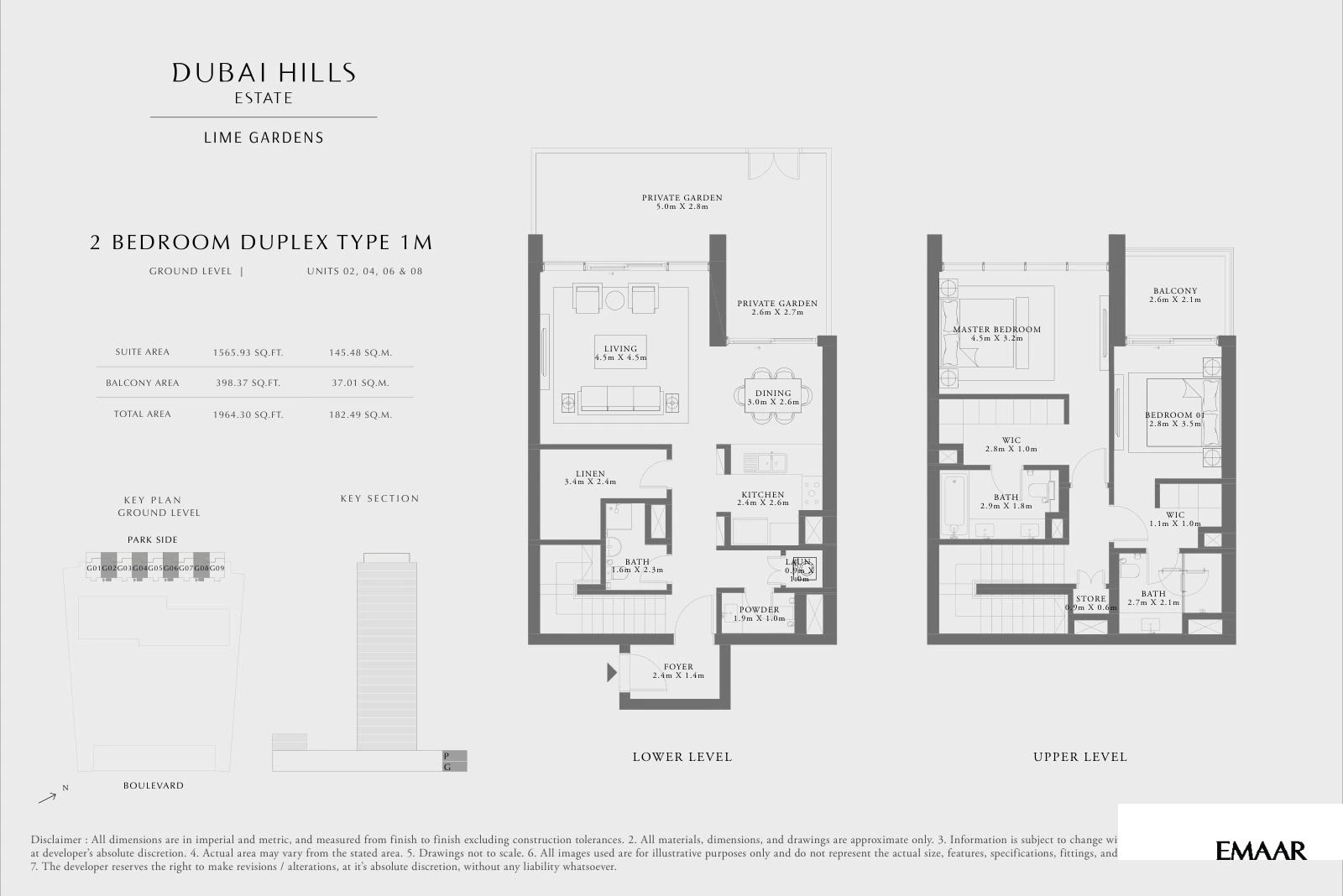 Lime Gardens 2-bedroom Type 1M duplex townhouse floor plan for ground level - units 02, 04, 06 and 08, 1,964.30 sq ft.