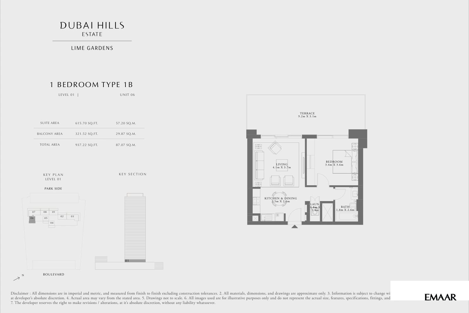 Lime Gardens 1-bedroom Type 1B apartment floor plan for level 01 - unit 06, 937.22 sq ft.