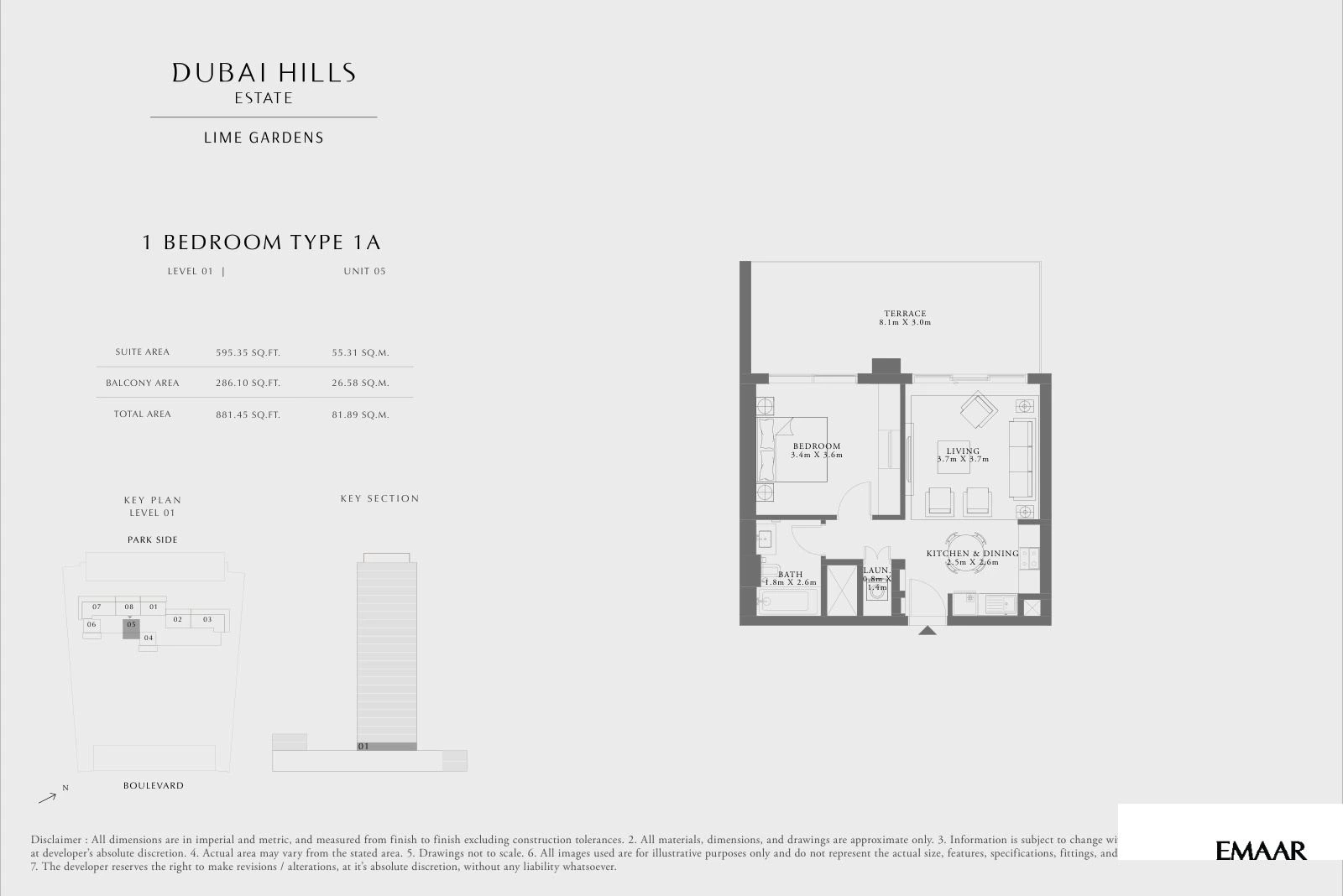 Lime Gardens 1-bedroom Type 1A apartment floor plan for level 01 - unit 05, 881.45 sq ft.