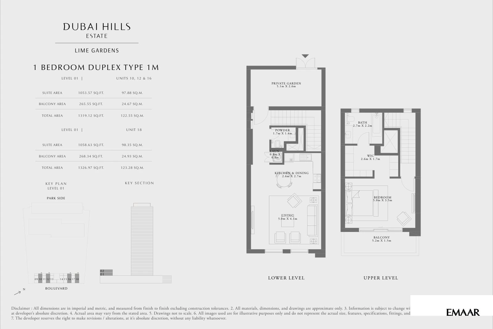 Lime Gardens 1-bedroom Type 1M duplex townhouse floor plan for level 01 - units 10, 12, 16 and 18, 1,319.12 to 1,326.97 sq ft.