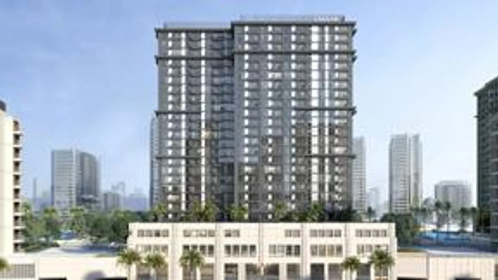 Front exterior view of the Lime Gardens tower and its podium within Dubai Hills Estate.