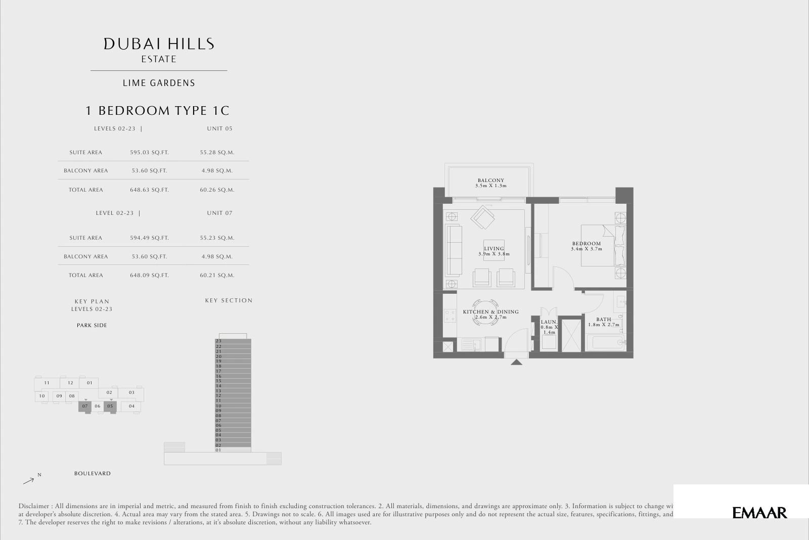 Lime Gardens 1-bedroom Type 1C apartment floor plan for levels 02-23 - units 05 and 07, 648.09 to 648.63 sq ft.