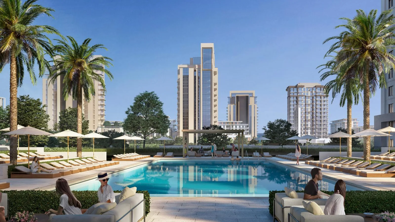 Swimming pool, children's pool and landscaped sun terrace at Lime Gardens.