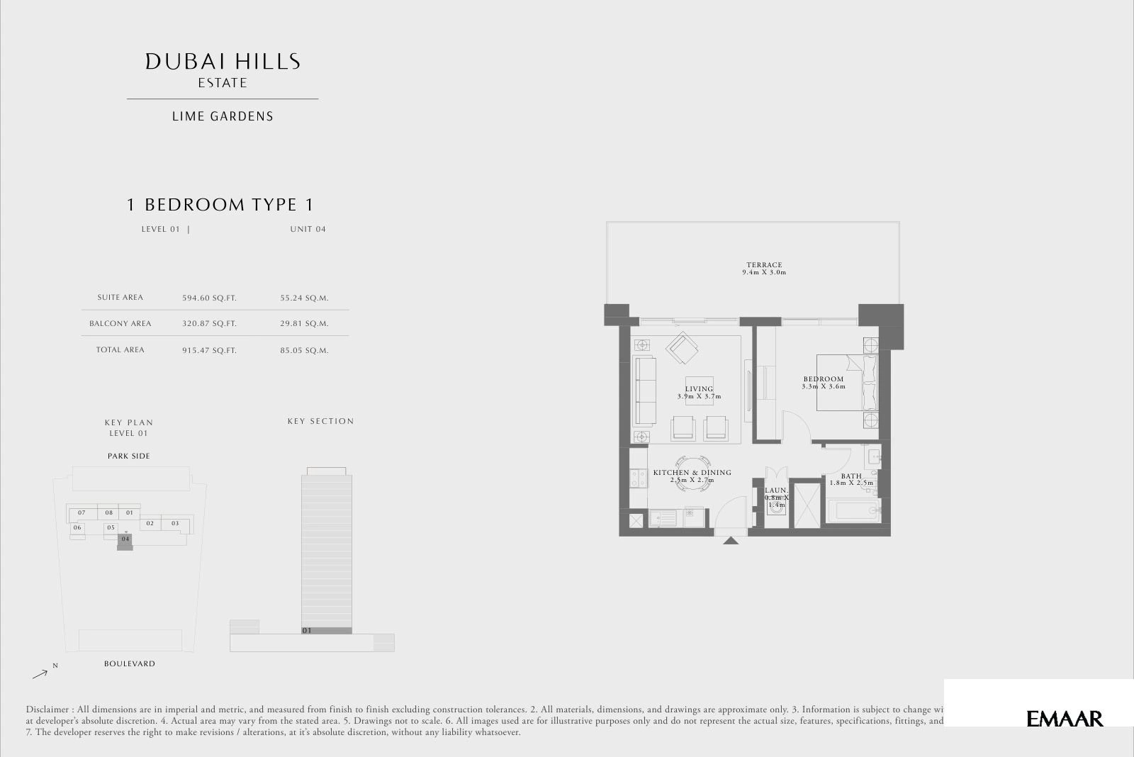 Lime Gardens 1-bedroom Type 1 apartment floor plan for level 01 - unit 04, 915.47 sq ft.