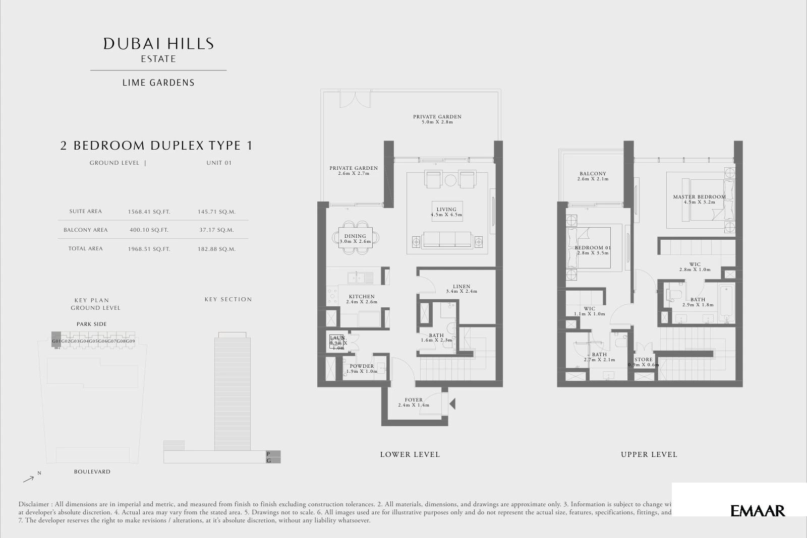 Lime Gardens 2-bedroom Type 1 duplex townhouse floor plan for ground level - unit 01, 1,968.51 sq ft.