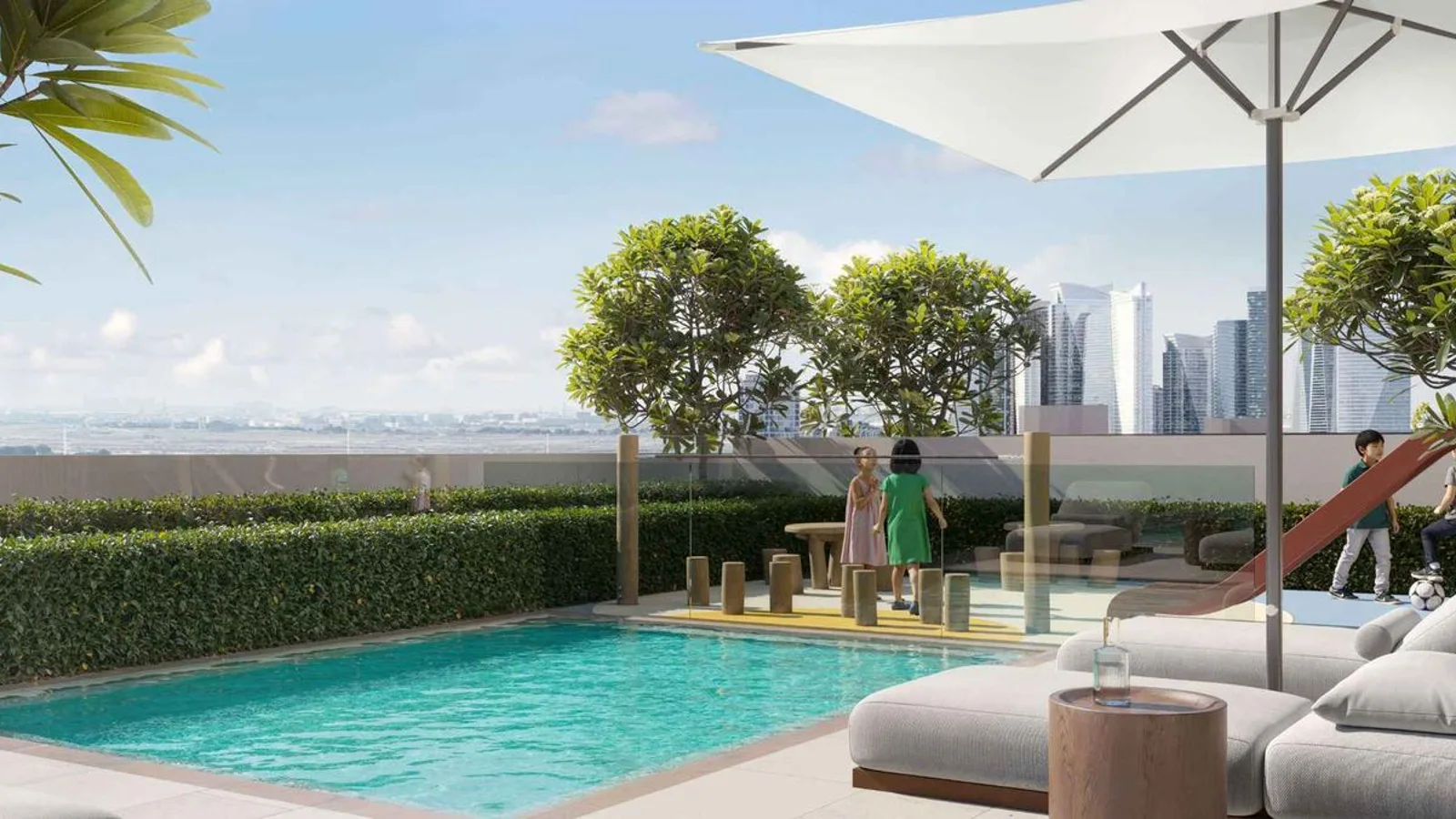 Children's pool and shaded sun-lounger area at Evergr1n House 4.