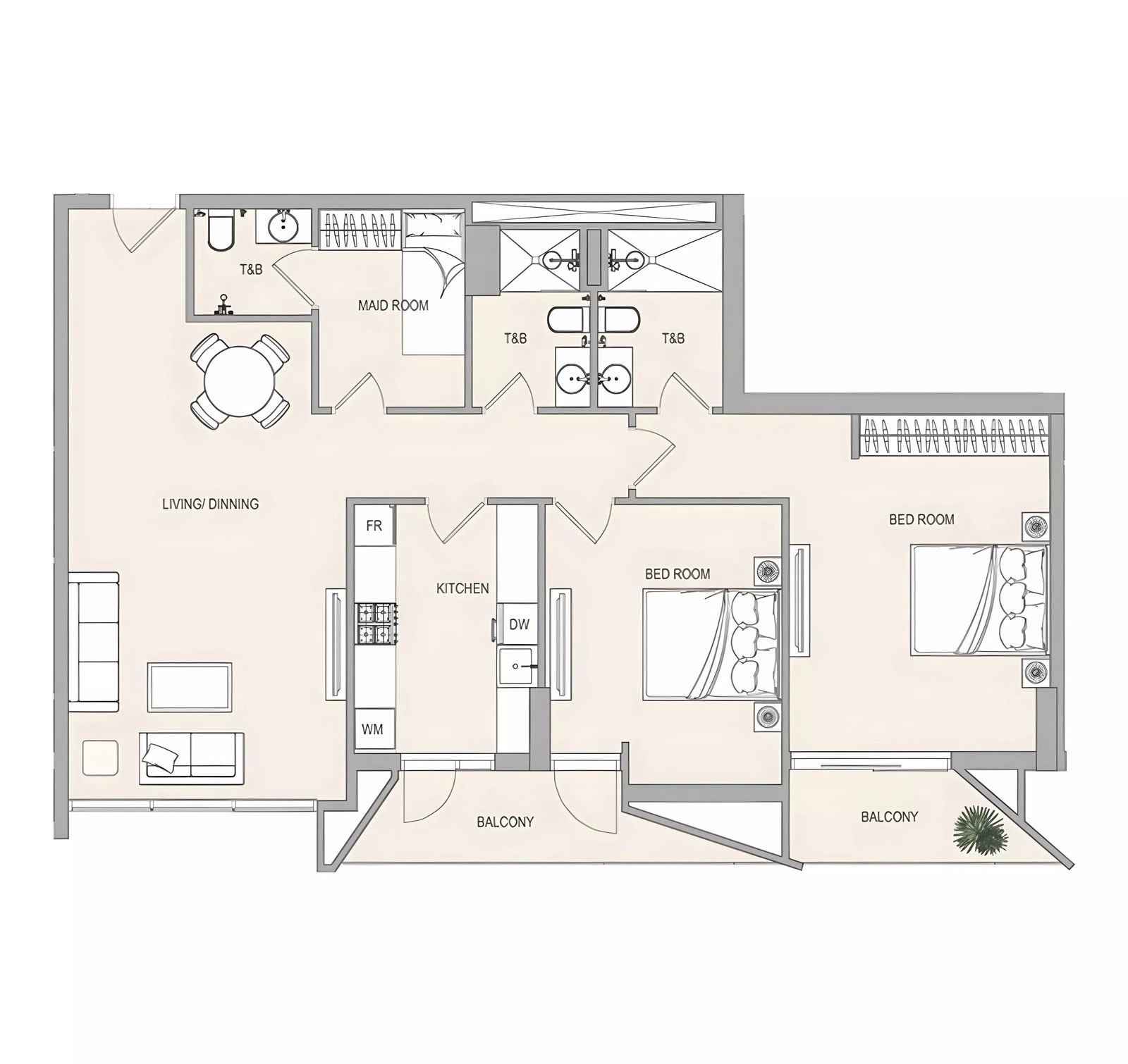 Evergr1n House 4 2-bedroom Type A apartment floor plan with maid's room, 1,237 sq ft.