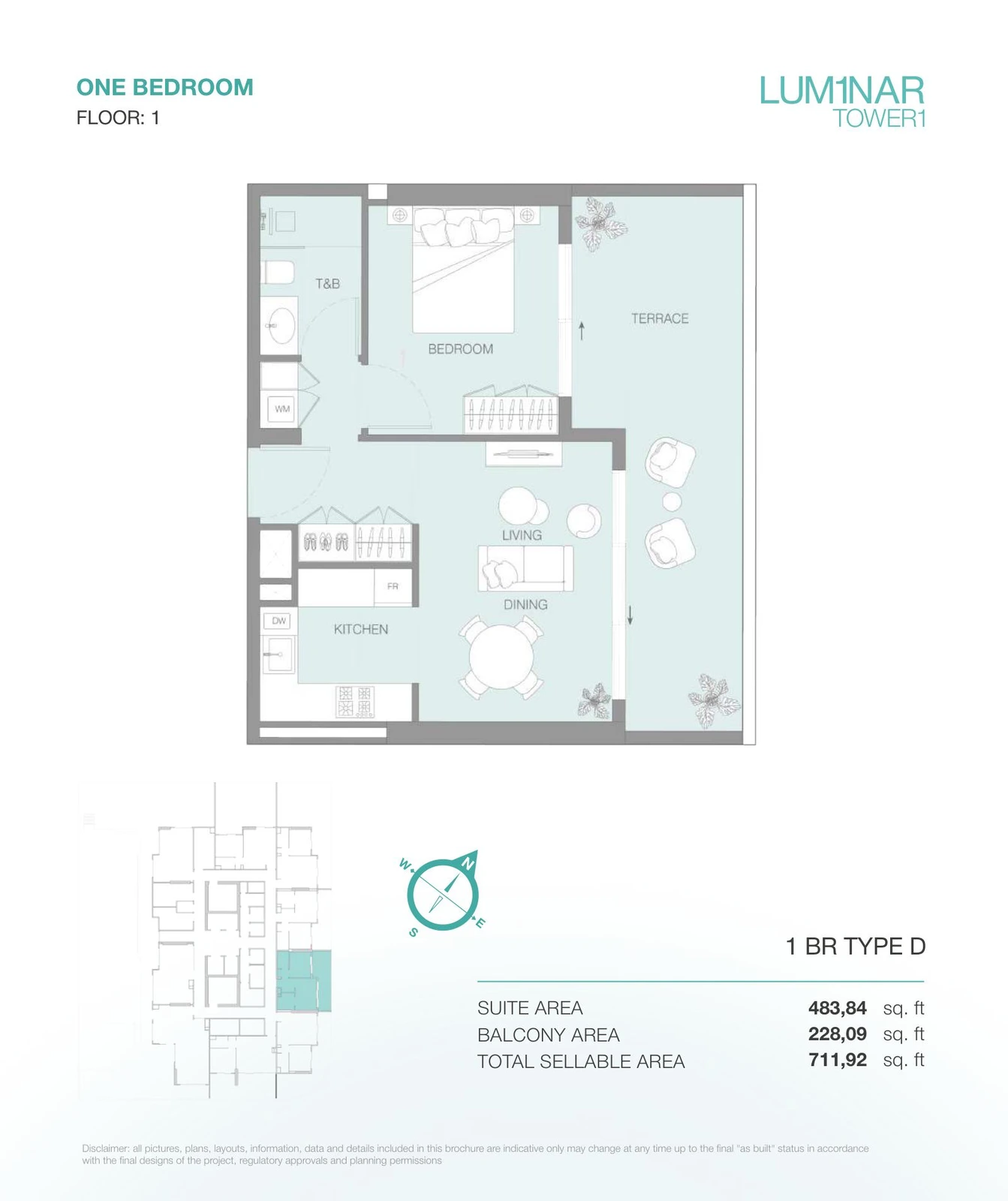 LUM1NAR Tower 1 1-bedroom Type D apartment floor plan for floor 1, 711.92 sq ft.