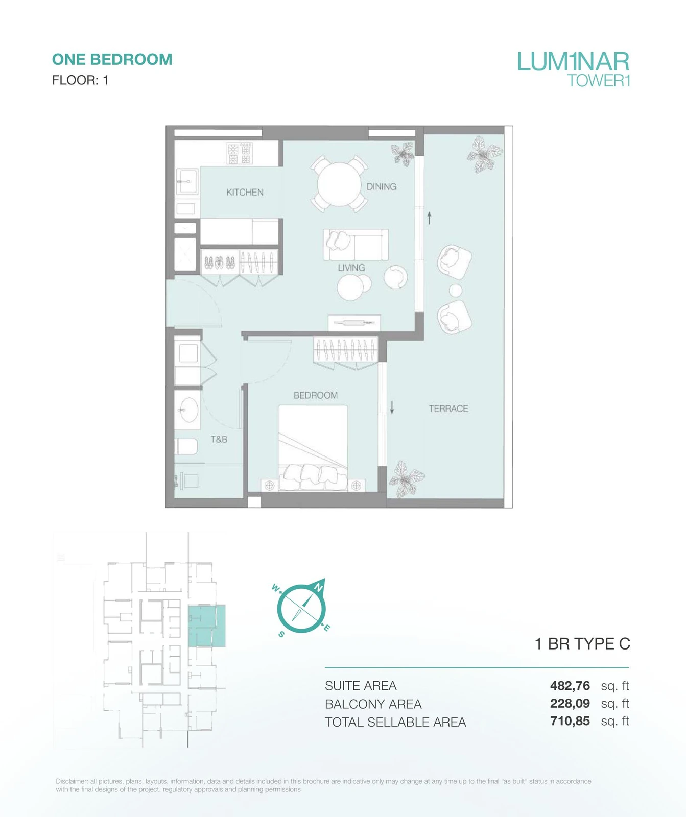 LUM1NAR Tower 1 1-bedroom Type C apartment floor plan for floor 1, 710.85 sq ft.