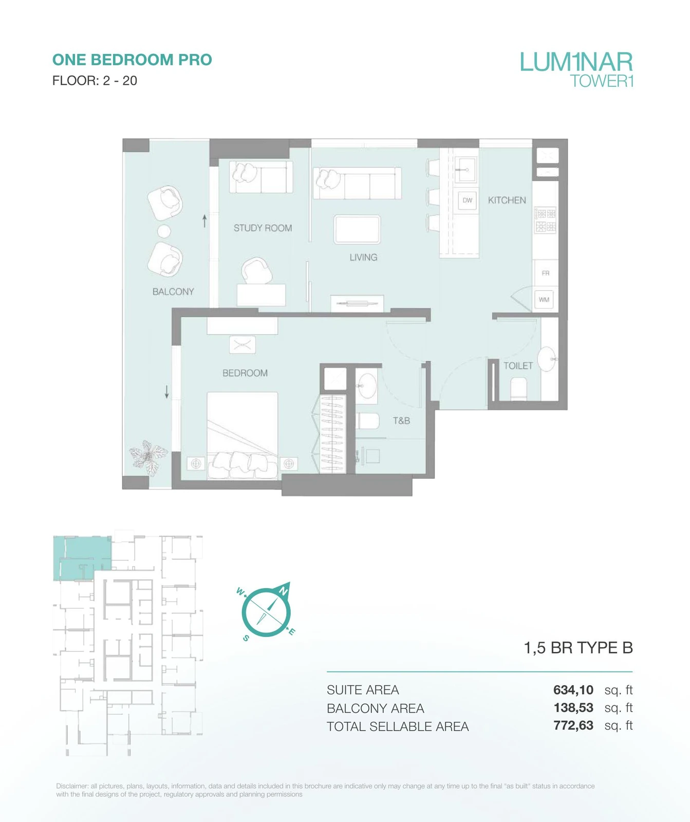 LUM1NAR Tower 1 1-bedroom Pro Type B apartment floor plan, marketed as a 1.5-bedroom home, for floors 2-20, 772.63 sq ft.
