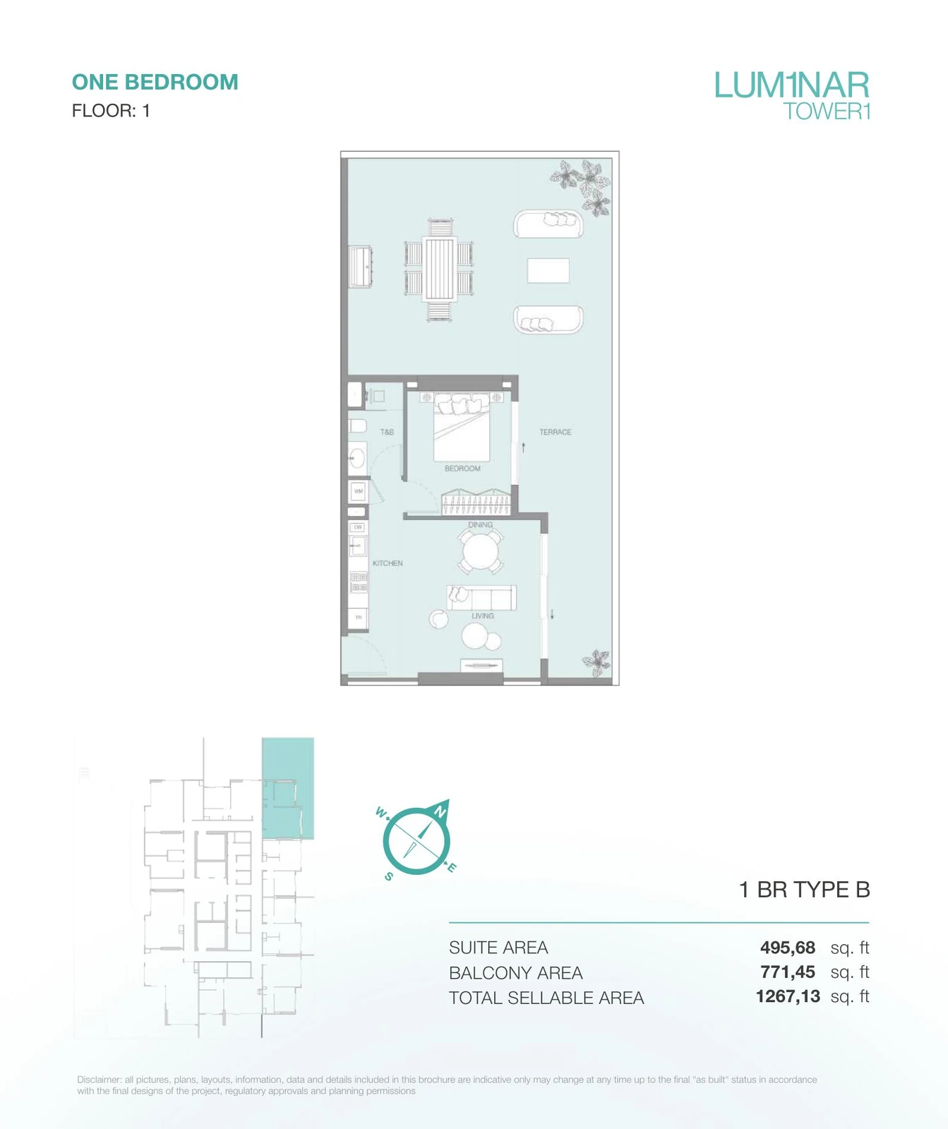 LUM1NAR Tower 1 1-bedroom Type B apartment floor plan for floor 1, 1,267.13 sq ft.