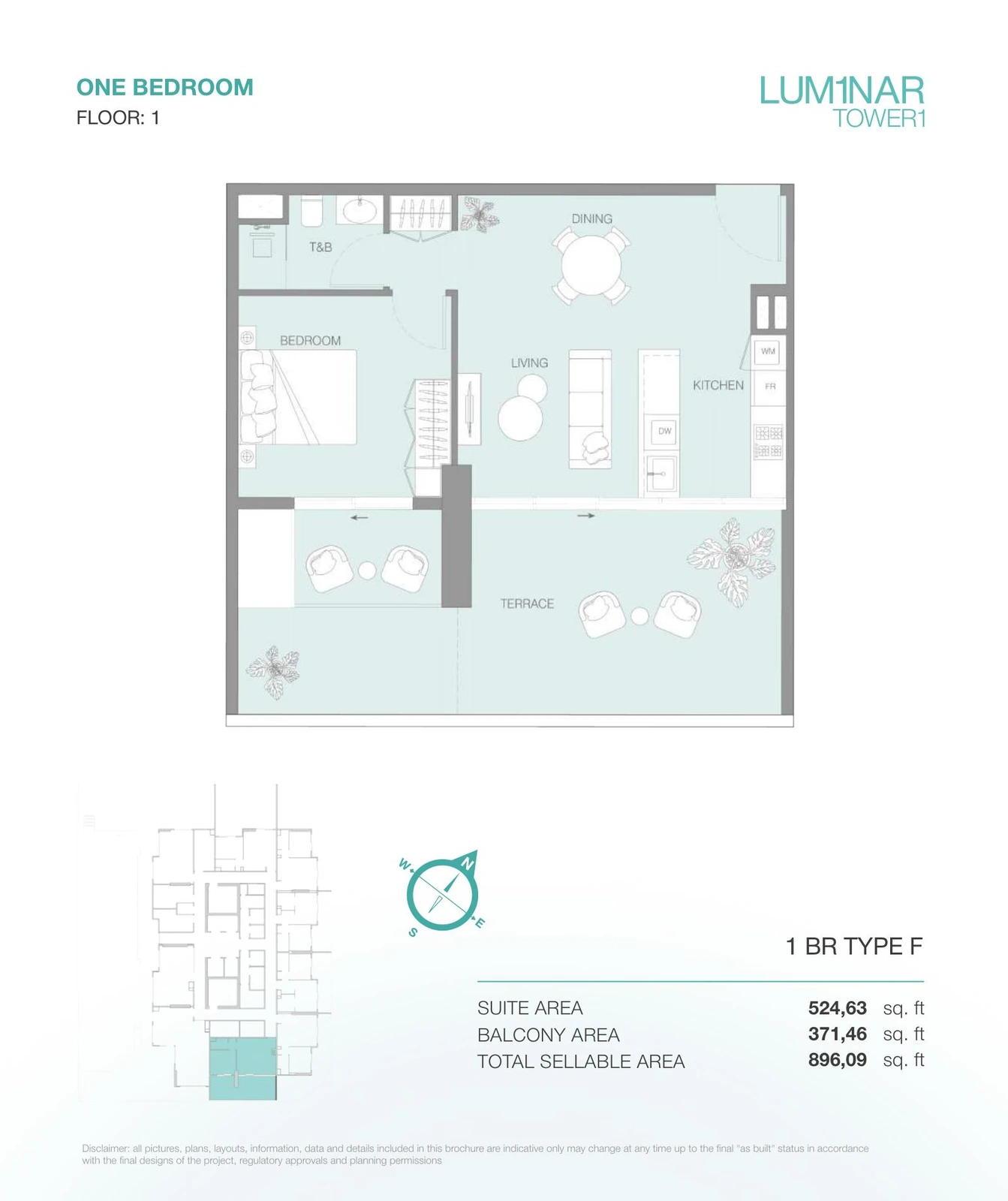LUM1NAR Tower 1 1-bedroom Type F apartment floor plan for floor 1, 896.09 sq ft.