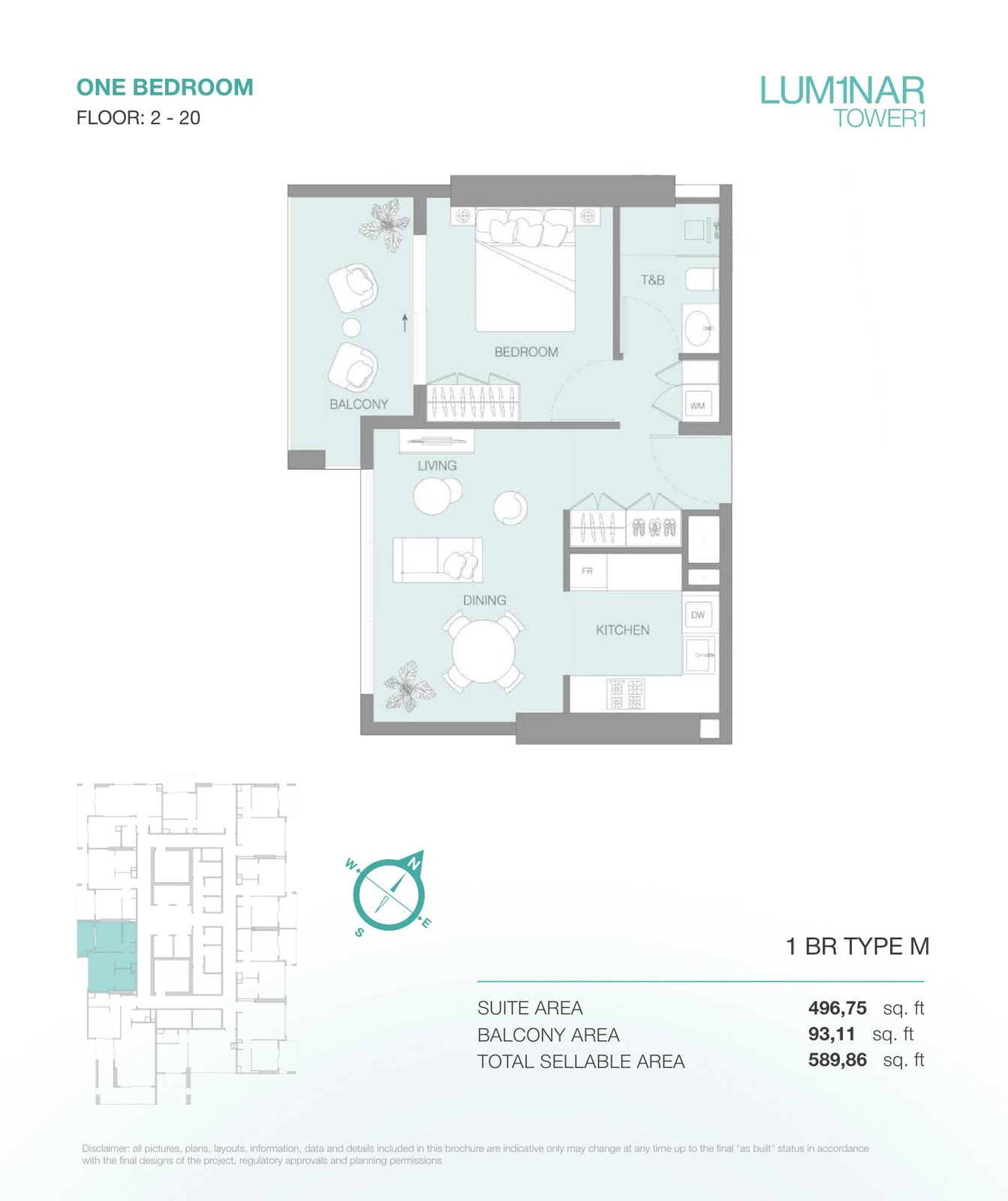 LUM1NAR Tower 1 1-bedroom Type M apartment floor plan for floors 2-20, 589.86 sq ft.