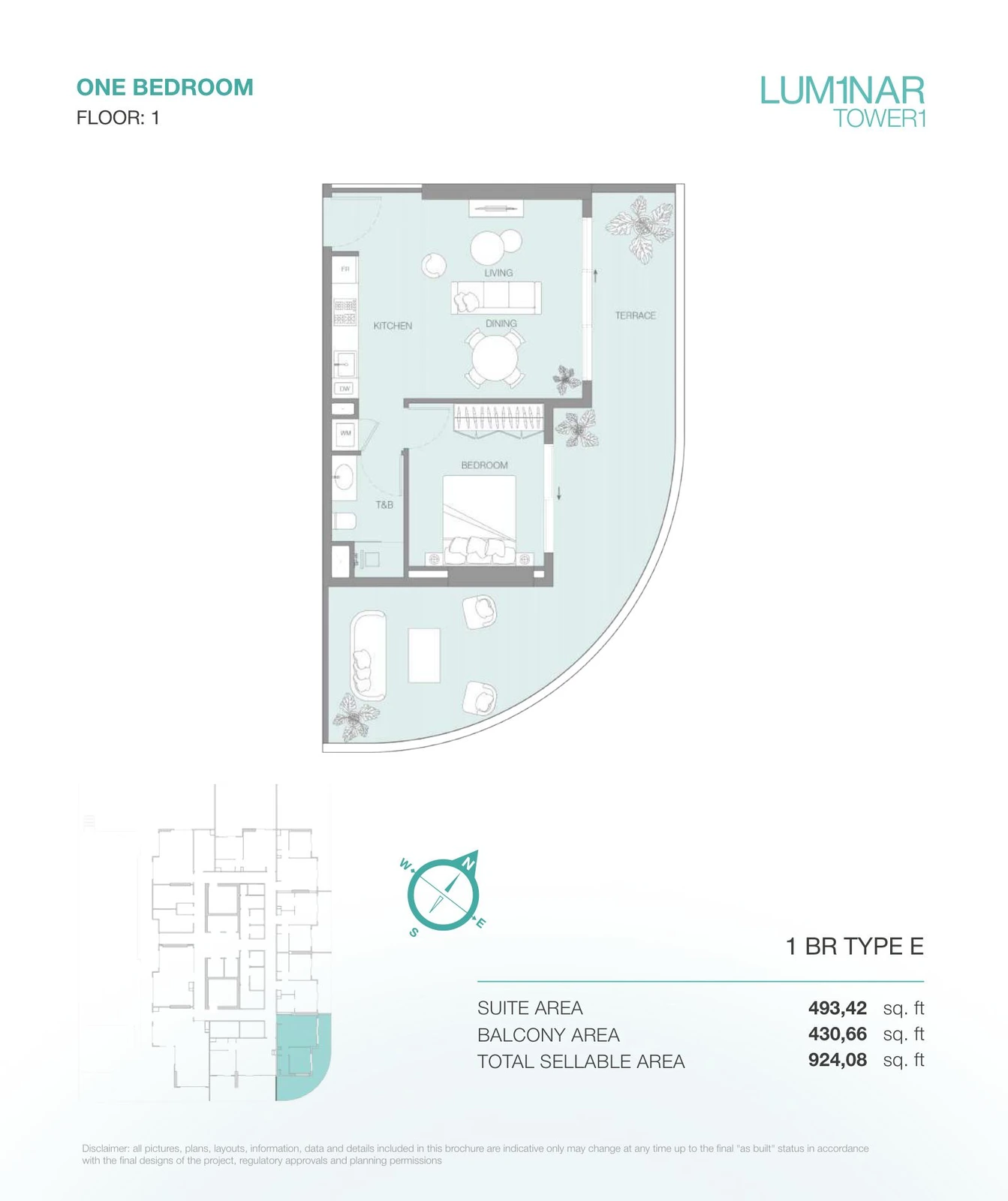 LUM1NAR Tower 1 1-bedroom Type E apartment floor plan for floor 1, 924.08 sq ft.