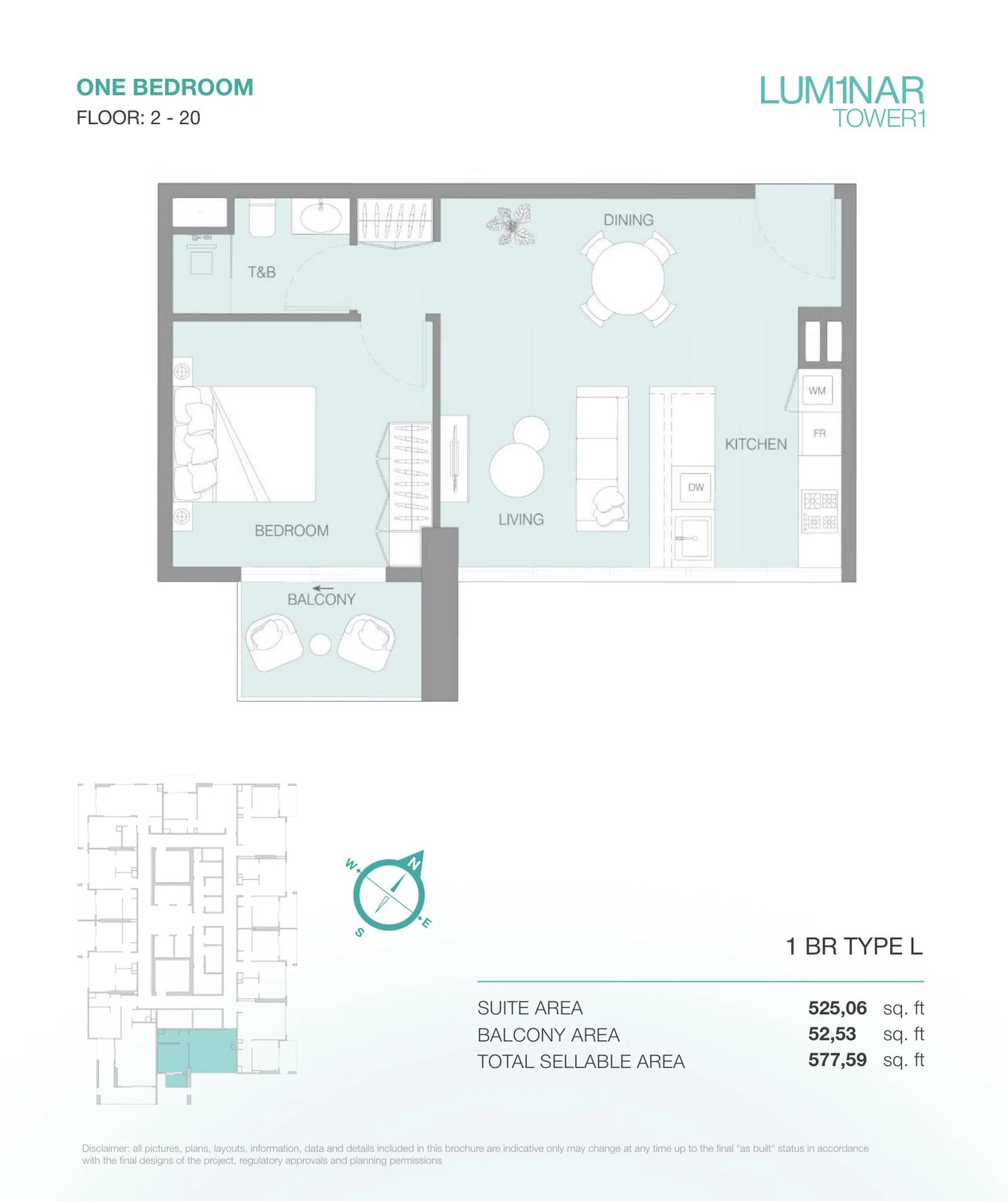 LUM1NAR Tower 1 1-bedroom Type L apartment floor plan for floors 2-20, 577.59 sq ft.
