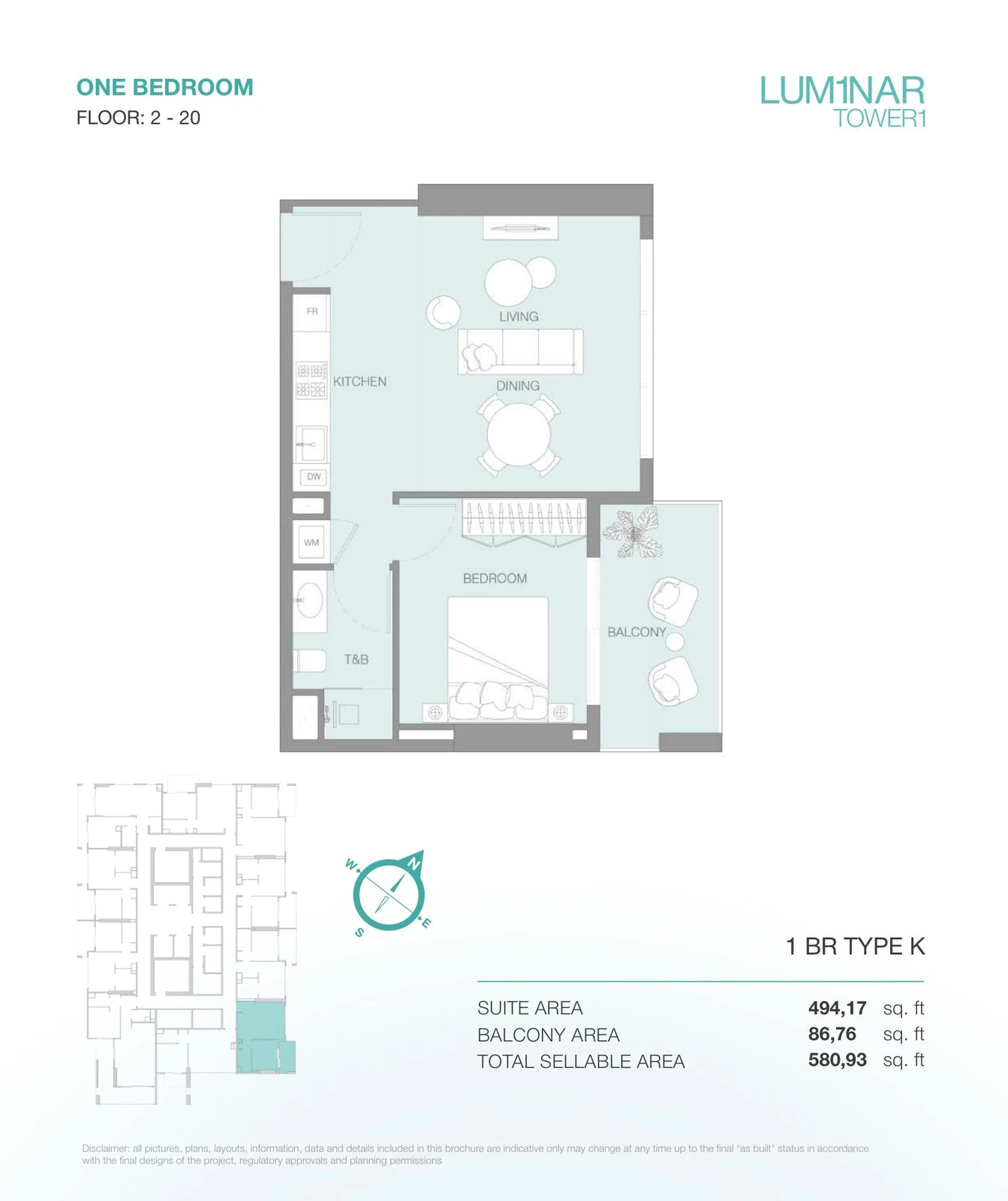 LUM1NAR Tower 1 1-bedroom Type K apartment floor plan for floors 2-20, 580.93 sq ft.