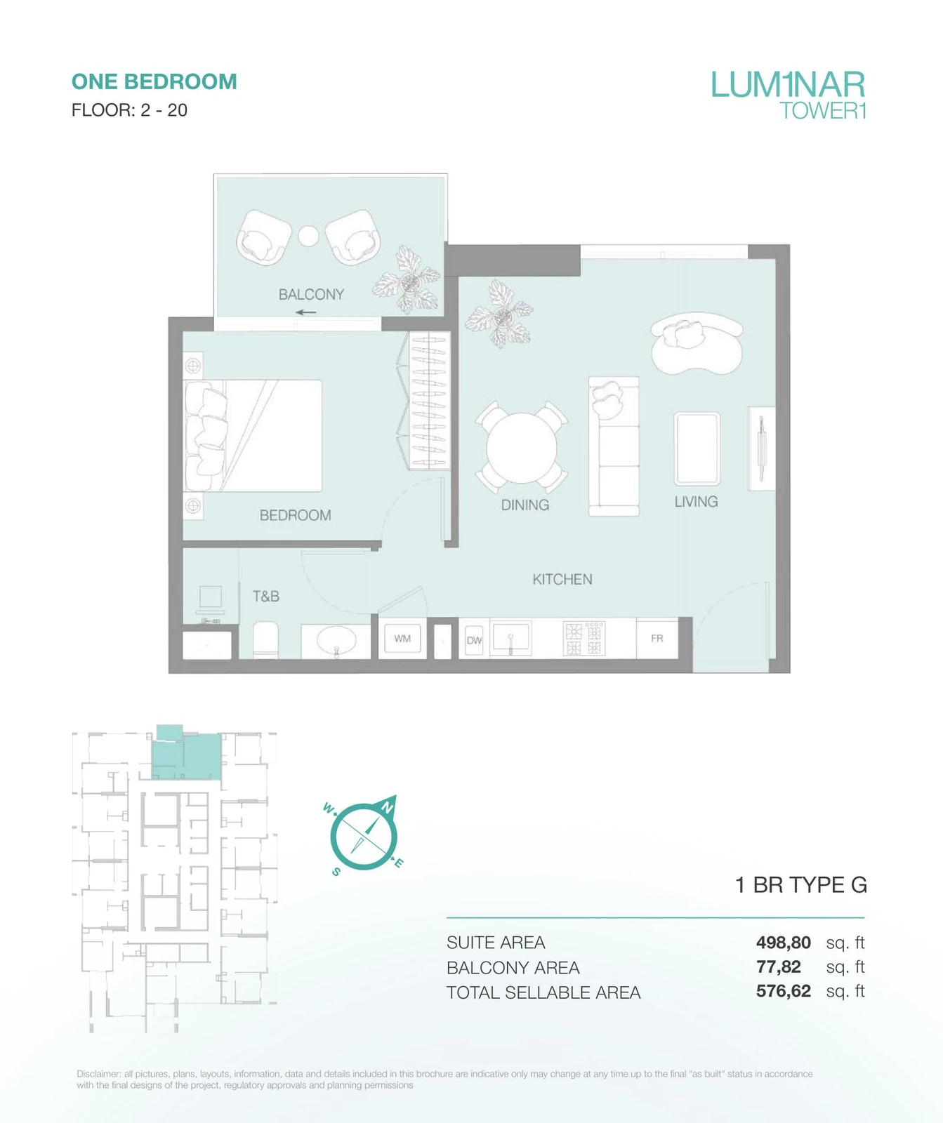 LUM1NAR Tower 1 1-bedroom Type G apartment floor plan for floors 2-20, 576.62 sq ft.
