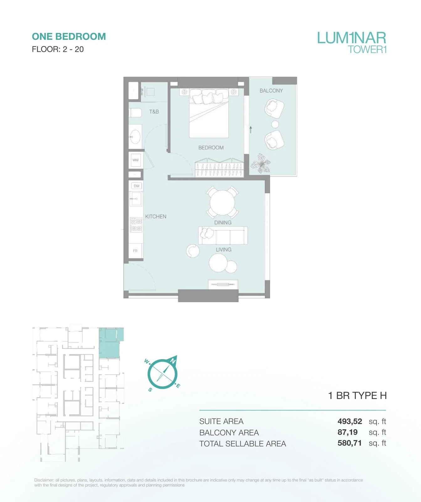 LUM1NAR Tower 1 1-bedroom Type H apartment floor plan for floors 2-20, 580.71 sq ft.