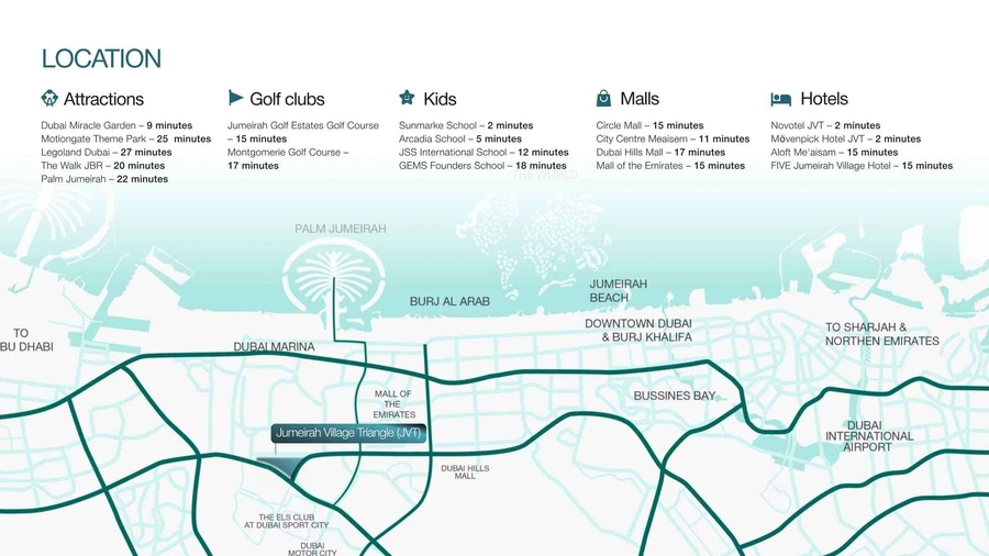 LUM1NAR Tower 1 location map in Jumeirah Village Triangle showing nearby roads, schools, malls, leisure destinations and hotels.