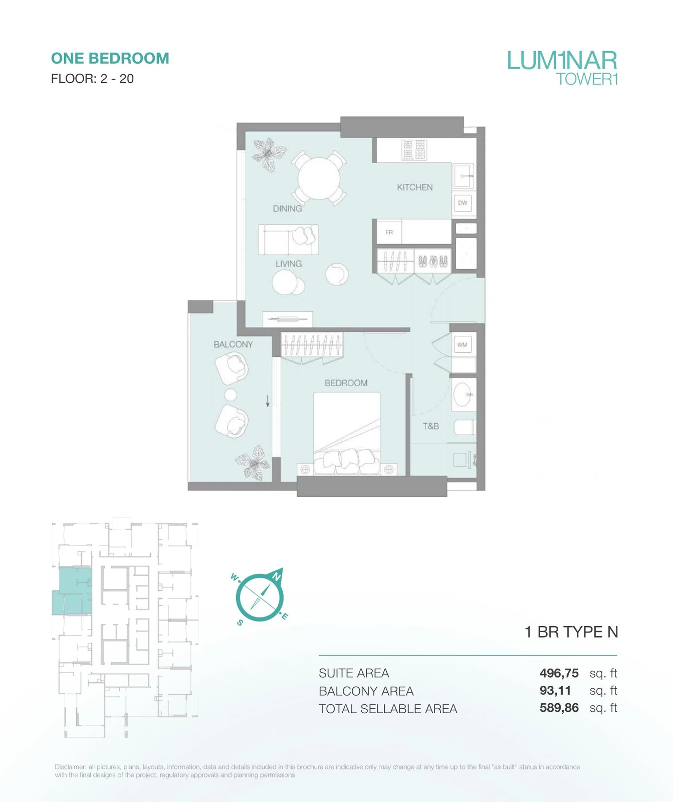 LUM1NAR Tower 1 1-bedroom Type N apartment floor plan for floors 2-20, 589.86 sq ft.