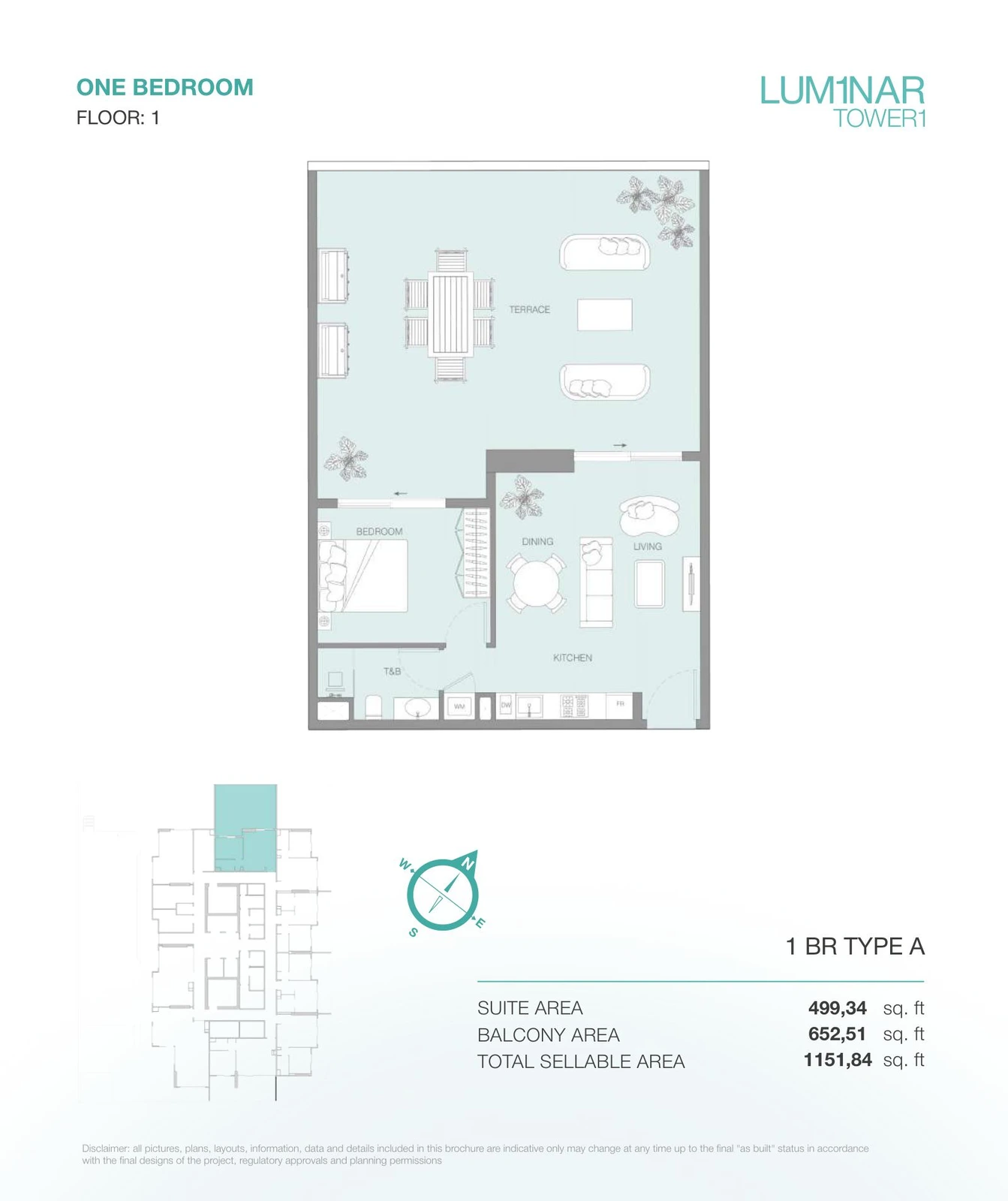 LUM1NAR Tower 1 1-bedroom Type A apartment floor plan for floor 1, 1,151.84 sq ft.