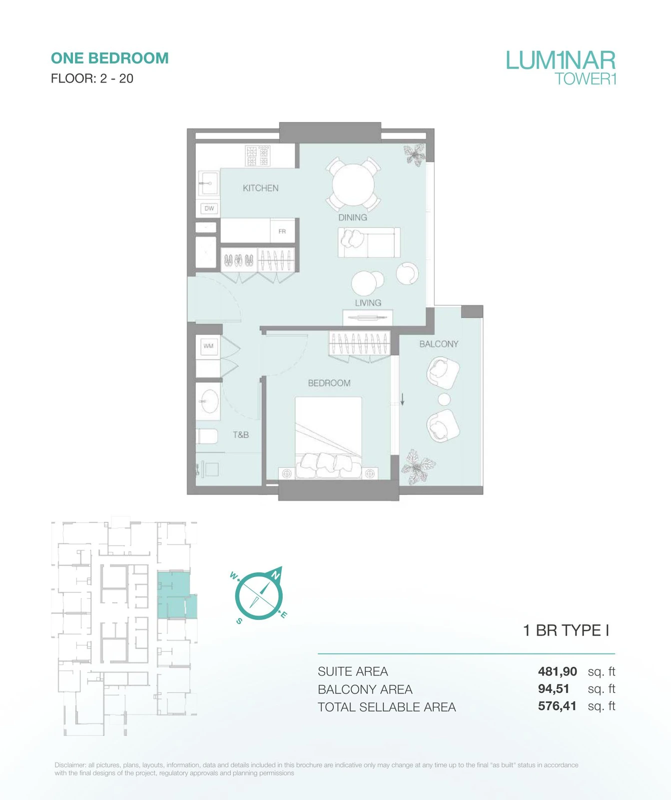 LUM1NAR Tower 1 1-bedroom Type I apartment floor plan for floors 2-20, 576.41 sq ft.