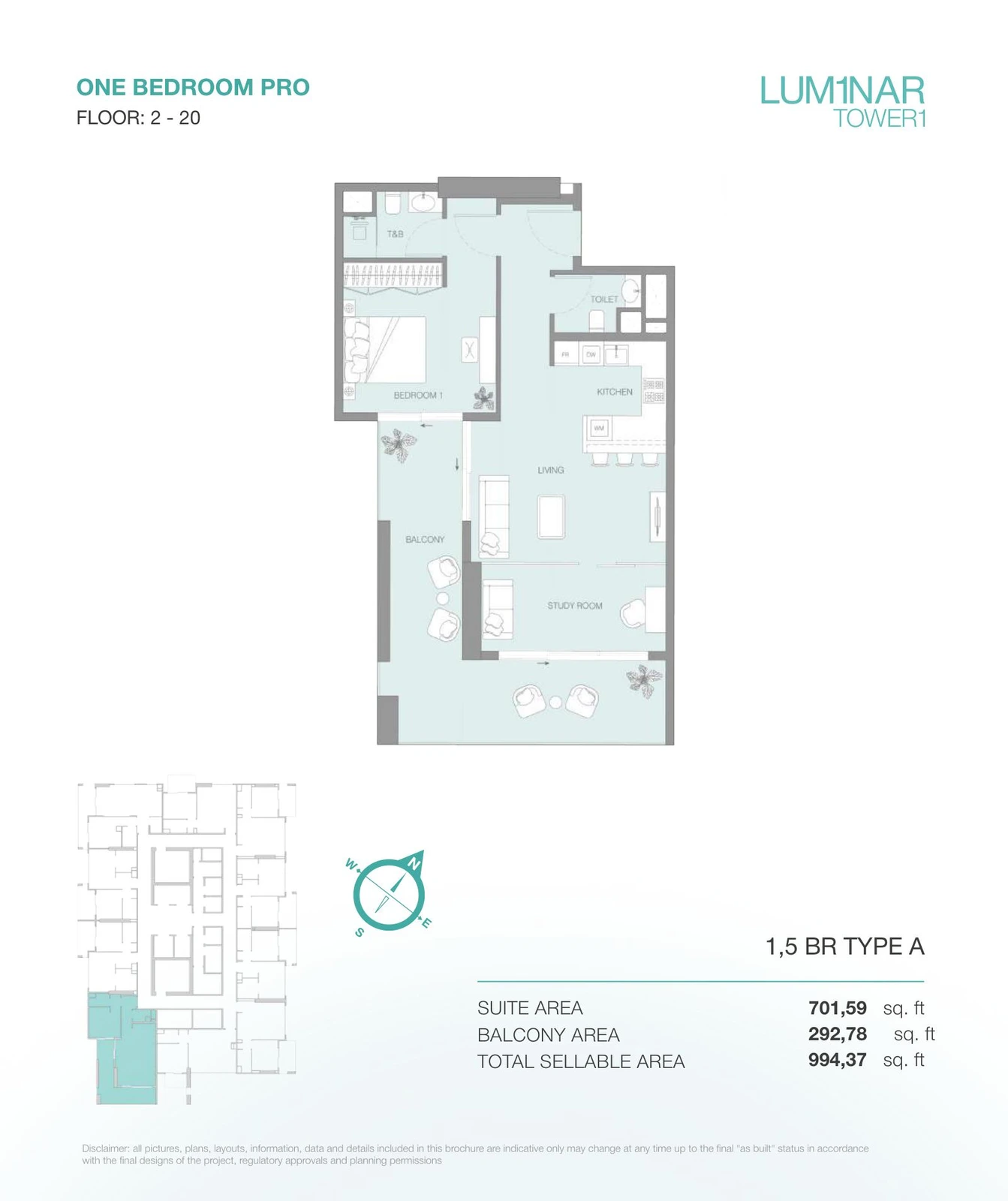LUM1NAR Tower 1 1-bedroom Pro Type A apartment floor plan, marketed as a 1.5-bedroom home, for floors 2-20, 994.37 sq ft.