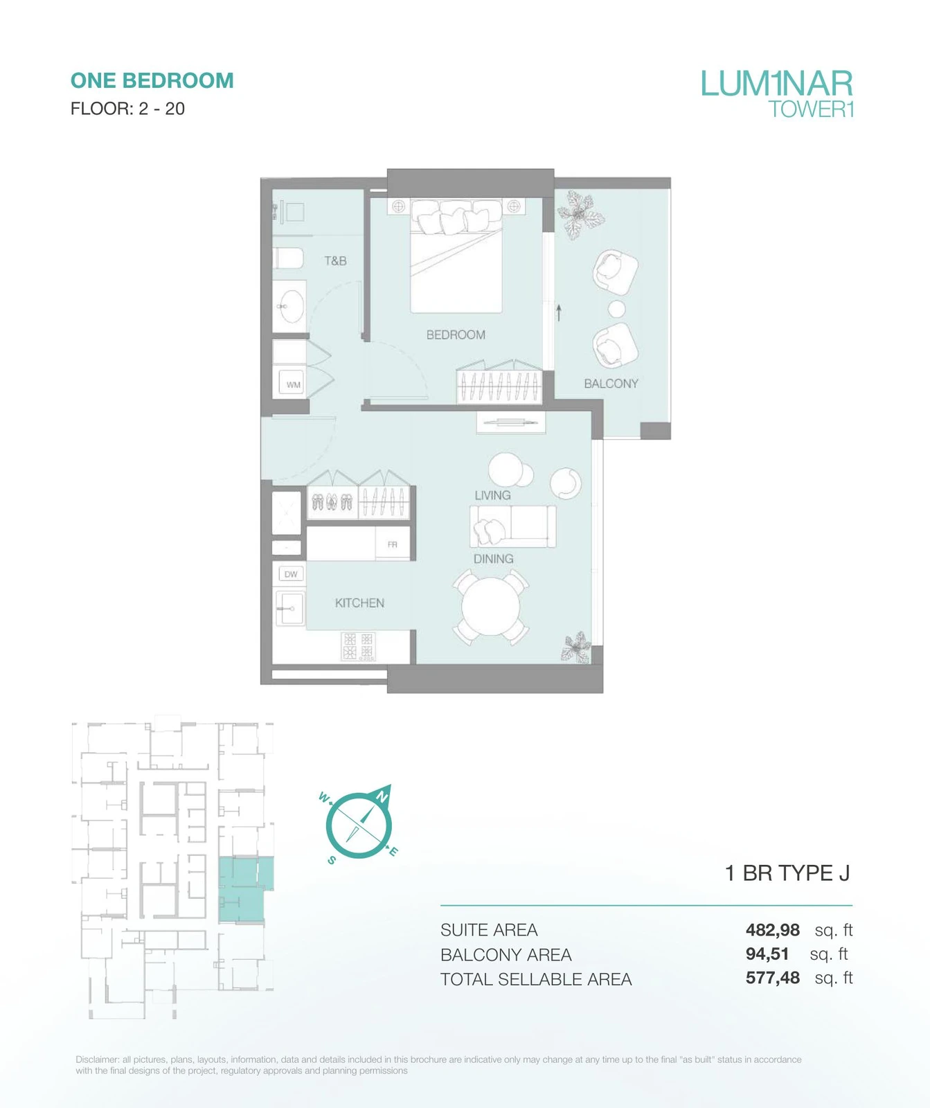 LUM1NAR Tower 1 1-bedroom Type J apartment floor plan for floors 2-20, 577.48 sq ft.